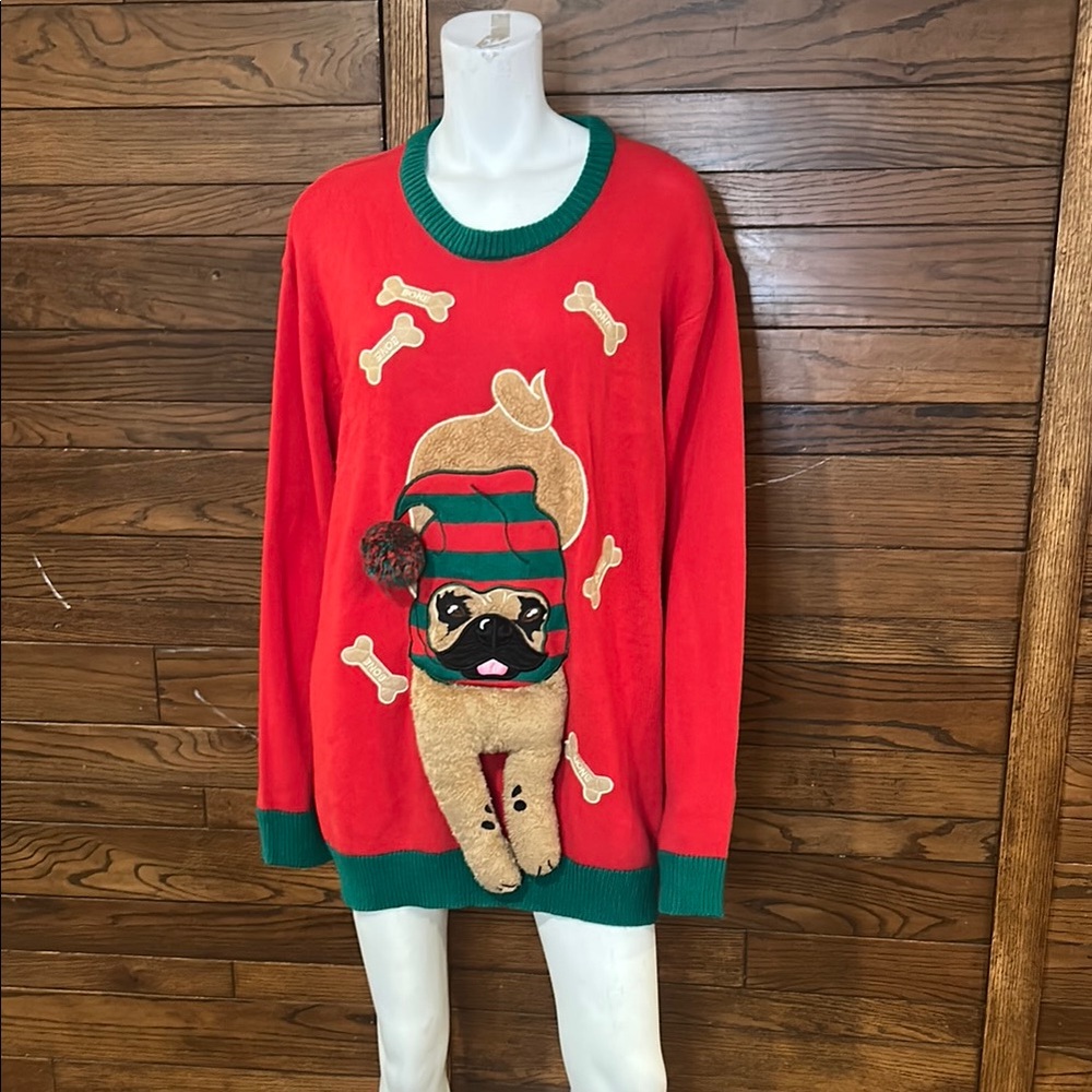 Tipsy Elves Red and Green Pug Sweater